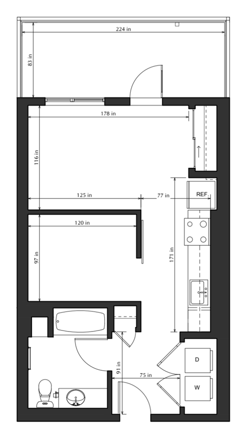 Floor plan for 1 bed, 1 bath, 552 sqft